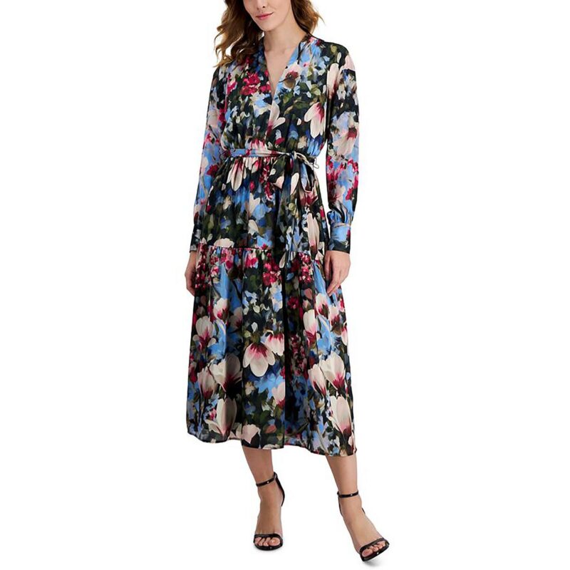 Anne Klein Womens Satin Floral Midi Dress